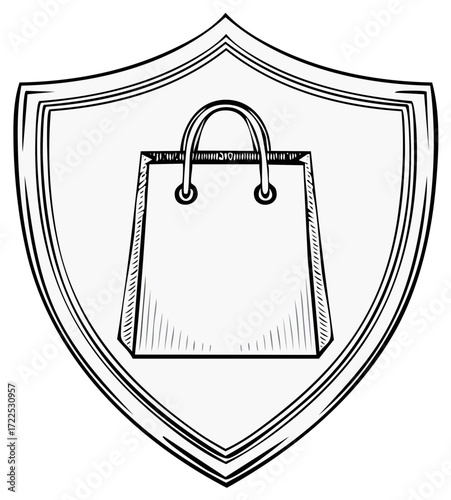 Shopping bag inside shield emblem protection for customer confidence symbol