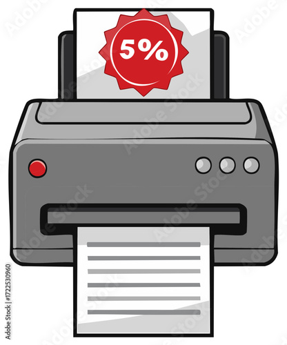 Printer printing a 5 percent discount coupon for a sale promotion illustration