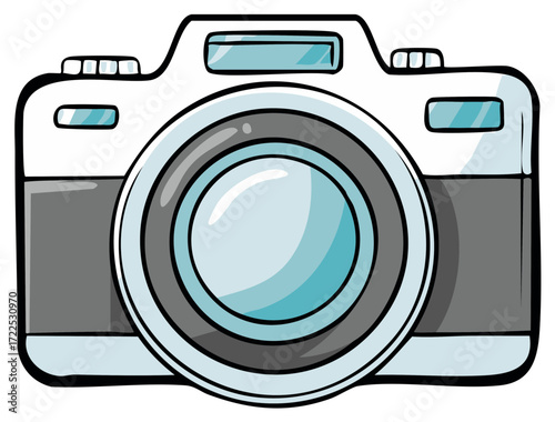 Hand drawn cartoon illustration of a modern digital camera with a large lens and simple design