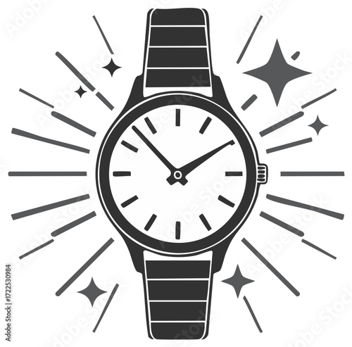 Wristwatch with radiating lines and stars around it, time illustration