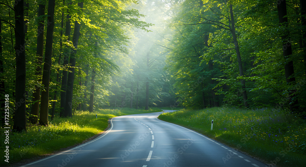 Fototapeta premium Beautiful green summer forest, spring nature background and scenic landscape backdrop.