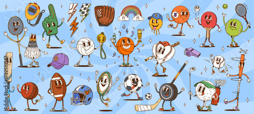 Cartoon groovy sport characters. Vector retro y2k sports equipment and accessories, basketball, baseball, soccer balls, hockey puck, racket, glove and cap celebrating victory with medals and trophies