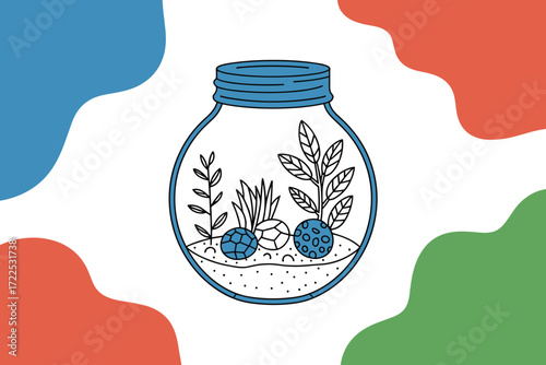Tiny Forest Cottage Inside Glass Jar Illustration with Stone Path and Succulents