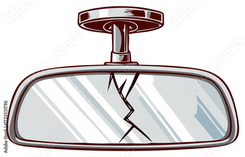 Cartoon style broken car rearview mirror with a prominent crack