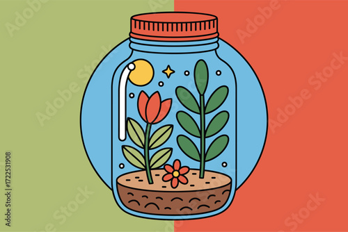 Tiny Forest Cottage Inside Glass Jar Illustration with Stone Path and Succulents