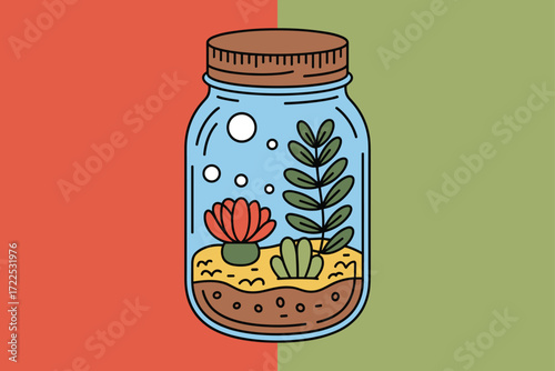 Tiny Forest Cottage Inside Glass Jar Illustration with Stone Path and Succulents