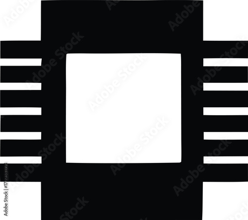 Abstract geometric shape with a central square and horizontal lines emanating outwards representing structure and connection for technology and design
