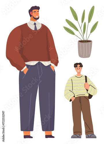 Tall man in sweater and dress pants standing beside a teenager in casual attire with backpack, next to a potted plant. Ideal for family bond, generations, mentorship, parenting, growth