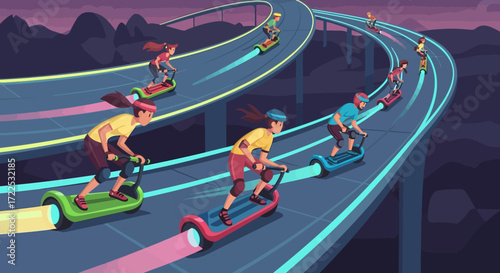 People riding futuristic electric scooters on a multi-level highway at night.