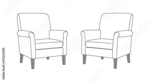 A simple illustration depicting two matching wingback armchairs side by side