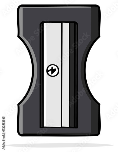 Modern graphic design of a dark gray pencil sharpener with a metallic silver opening and a small circular symbol.