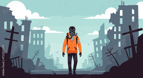 Person in gas mask and orange jacket walking through a desolate landscape.