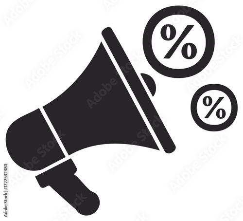 Megaphone with Percentage Signs Floating: Symbol of Announcements, Discounts, and Promotional Offers in Black and White