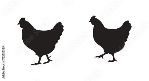 Two black silhouettes of chickens facing opposite directions are shown
