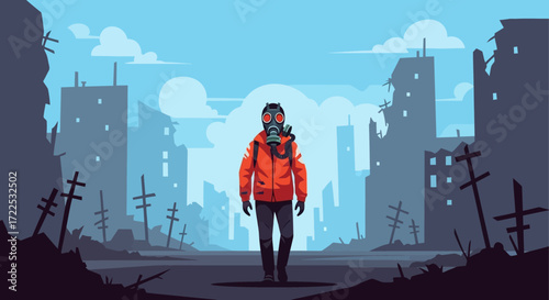 Person in gas mask walking through a desolate, post-apocalyptic landscape.