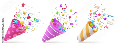 Party event cone popper with confetti, ribbons and stars explosion, 3d carnival firecracker. . Isolated vector holiday striped cones, vibrant birthday shooters burst of joy, releasing festive ribbons