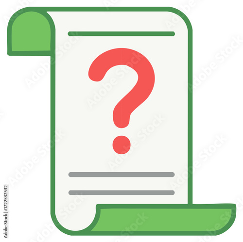 Question mark icon on document, inquiry symbol on page, green border with red question symbol, uncertainty about the information.