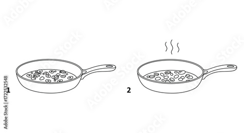 Simple line drawing of a frying pan with food cooking inside