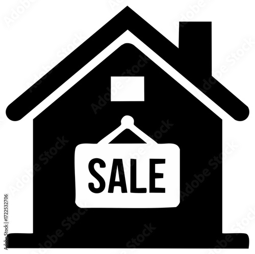 Black house icon with a sale sign hanging from the roof signifying property for sale