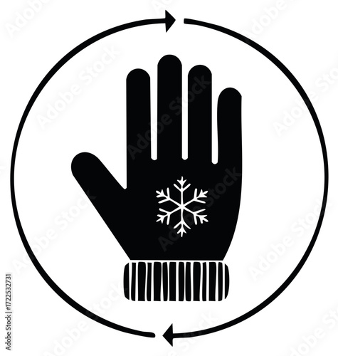 Heated Gloves Icon in Rotation Symbol. Winter Gear Protection.  Handwear Snowflake
