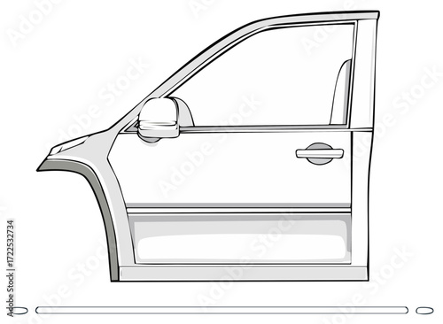 Technical Illustration of Modern Vehicle Front Left Side Door, Fender, and Side Mirror Component