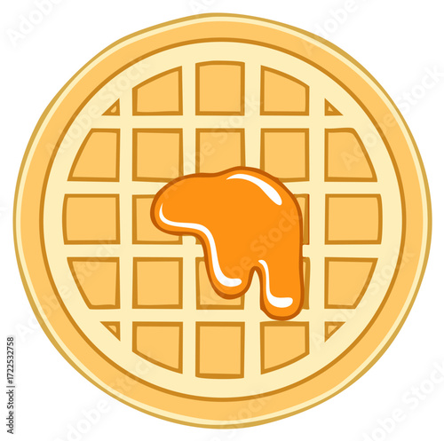 Golden round waffle illustration topped with sweet flowing syrup, perfect breakfast food vector