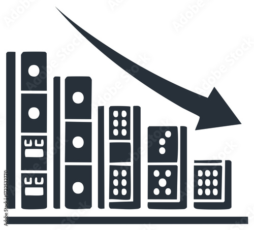 Domino effect concept icon showing a declining bar chart representing financial crisis and recession
