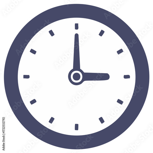 Simple illustration of a classic clock face showing three oclock with dark blue hands and numbers on white