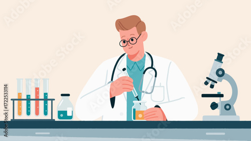 The doctor is conducting experimental research, vector hand-drawn illustrations