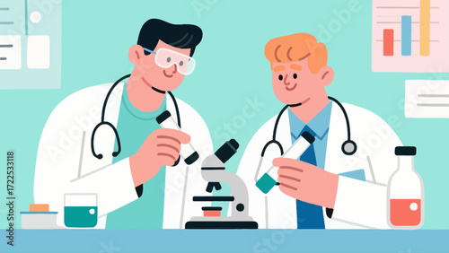 The doctor is conducting experimental research, vector hand-drawn illustrations
