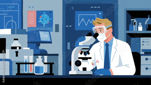 The doctor is conducting experimental research, vector hand-drawn illustrations