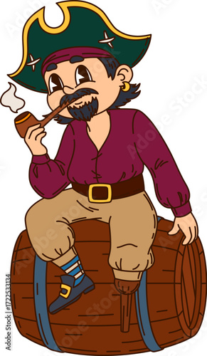 Cartoon groovy European corsair and pirate character sitting on wooden barrel with smoking pipe. Isolated vector bearded captain personage wears a tricorn hat looks confidently with a peg leg