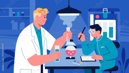 The doctor is conducting experimental research, vector hand-drawn illustrations