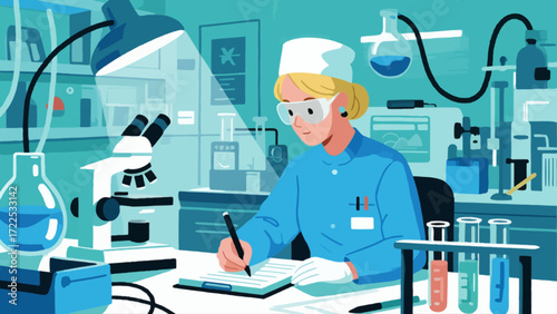 The doctor is conducting experimental research, vector hand-drawn illustrations