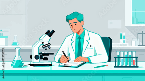 The doctor is conducting experimental research, vector hand-drawn illustrations