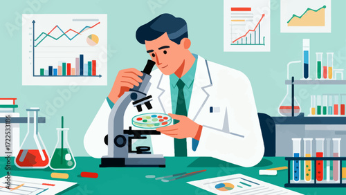 The doctor is conducting experimental research, vector hand-drawn illustrations