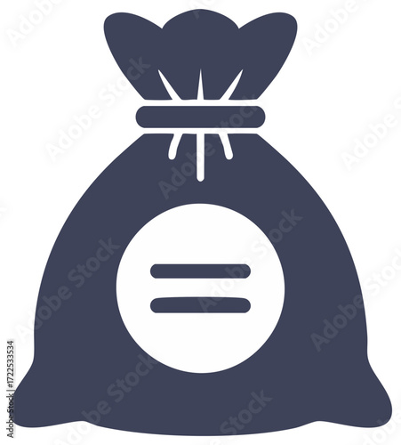 Dark Blue Money Bag Icon with Equal Sign on White Background
