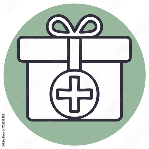 Illustrated Medical Gift Icon with Box, Cross, and Ribbon on Green Circle - Health, Medicine, Aid, Charity
