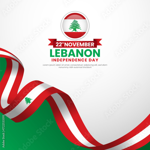 Lebanon independence day greeting card, square banner background with warving ribbon flag