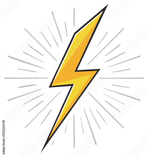 Cartoon yellow lightning bolt symbol with hand drawn flash burst lines vector icon