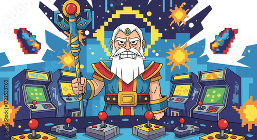 Powerful wizard character in a retro arcade setting.