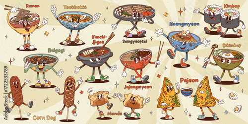 Cartoon groovy korean cuisine characters, vector asian food dishes. Korea rice and noodle bowls groovy psychedelic personages with bbq beef bulgogi, kimbap rolls and kimchi stew, corn dogs and ramen