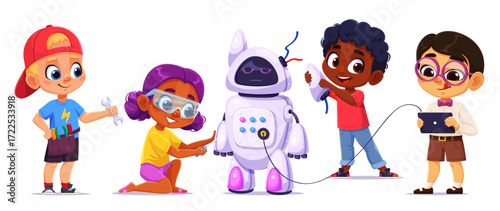 Kids assemble and repair robot in children school class of robotic science, cartoon vector. Kid inventors assembling futuristic robot droid or cyborg bot, repairing and programming with tablet control
