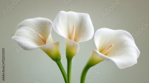Elegant calla lilies, their pristine white petals gracefully unfurling against a soft, natural backdrop, embody purity and beauty in a timeless floral display.