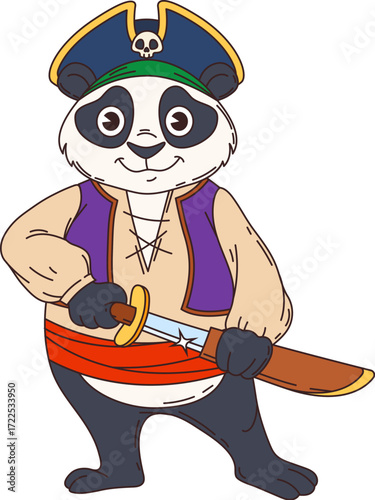 Cartoon panda pirate character or corsair ship crew animal, vector personage. Panda bear sailor in captain tricorne hat with Jolly Roger skull and sword as funny Caribbean corsair animal character