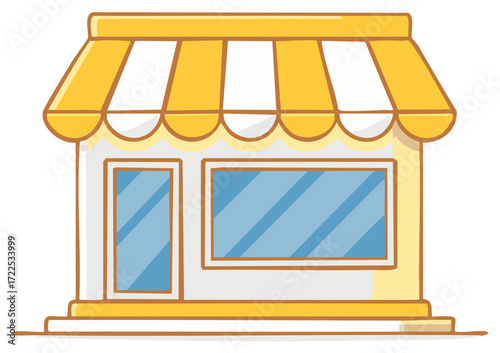 Cheerful Cartoon Storefront with Yellow Awning and Blue Windows Inviting Business and Commerce