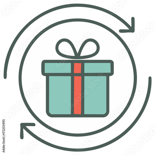 Gift exchange icon, circulating present with bow and arrows, circle around box for return, reward program