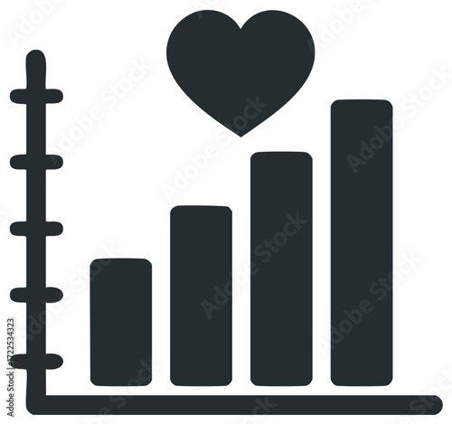 Simple flat icon of a rising bar graph with a heart for health, wellness, and popularity metrics