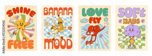Groovy hippie characters posters, featuring cheerful cartoon retro star, banana, winged heart, and cloud y2k personages posing with playful expressions, celebrating positivity, fun, and fantasy moods