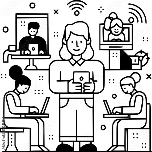 Connected Collaboration: A network of individuals, both near and far, converge through digital interfaces, highlighting the essence of modern teamwork and worldwide connection.